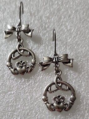 Hand Crafted Silver-Tone Celtic Claddagh Bow Drop Earrings